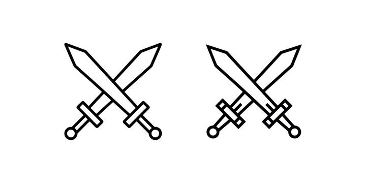 Two crossed swords vector icons, sharp blade weapon outline for combat and duel, ancient knight and warrior equipment illustration set