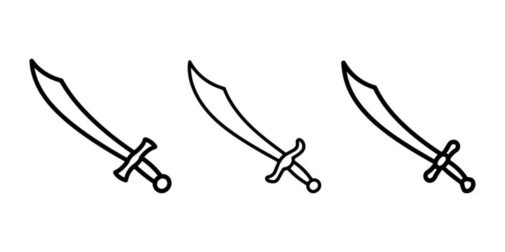 Curved scimitar sword icon set showing middle eastern sabre blades for traditional warriors and historical military equipment isolated on white background