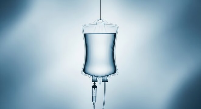 Clear plastic IV bag filled with saline solution hanging