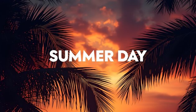 A serene summer day with palm trees silhouetted against a vibrant orange and yellow sunset