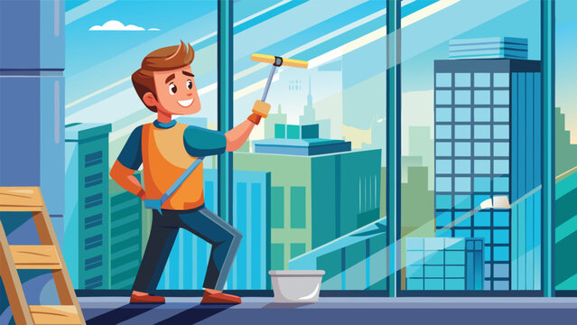Worker cleans tall building windows with squeegee in urban setting during daytime while standing on ladder
