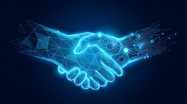digital handshake AI partnership technology circuit human hand