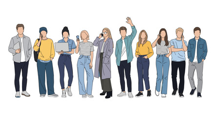 Fototapeta premium Large group of diverse young people standing in a row while using smartphones, laptops and other digital communication devices together.