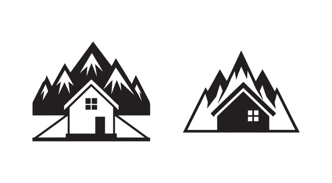 House and mountain silhouettes for logo or icon design  simple black and white graphics