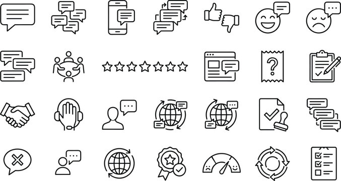 Customer Support and Communication Line Icon Set Featuring Feedback, Rating, Help Desk, Chat, Survey, and User Interaction Symbols for Business and Service Platforms