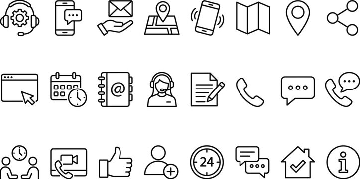 Customer Support, Communication, and Service Icons Set Featuring Call, Chat, Email, Feedback, and Online Assistance for Web, App, and Contact Designs
