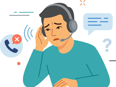 Frustrated man wearing headset having trouble with customer service call
