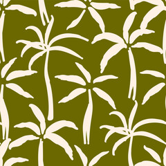 Obraz premium Simple tropical floral seamless vector pattern. Light silhouette of palm trees on a green background. For prints of Hawaiian shirts, beachwear, and textiles.