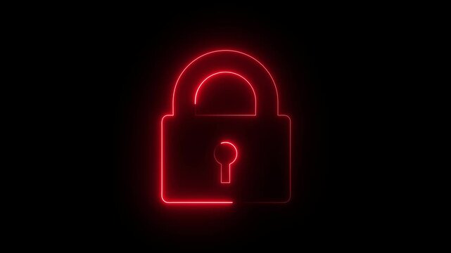 Glowing neon color animation lock icon protection safety security privacy password circle closed animated sign symbol on black background.