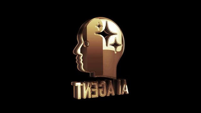 AI agent artificial intelligence golden metal shine rotating symbol concept. Glowing and reflection light icon abstract. Seamless looped rotate 3d animation.