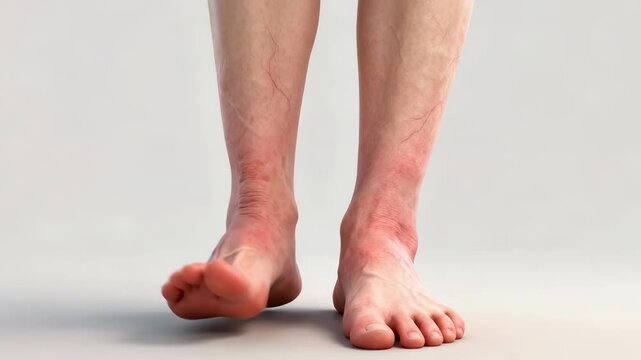 Bare Feet With Red Rash Standing On Neutral Surface, Closeup View Of Irritated Skin On Ankles And Tops Of Feet, Visible Veins And Mild Swelling, Toes Slightly Curled And Weight Shifting, Clinical.