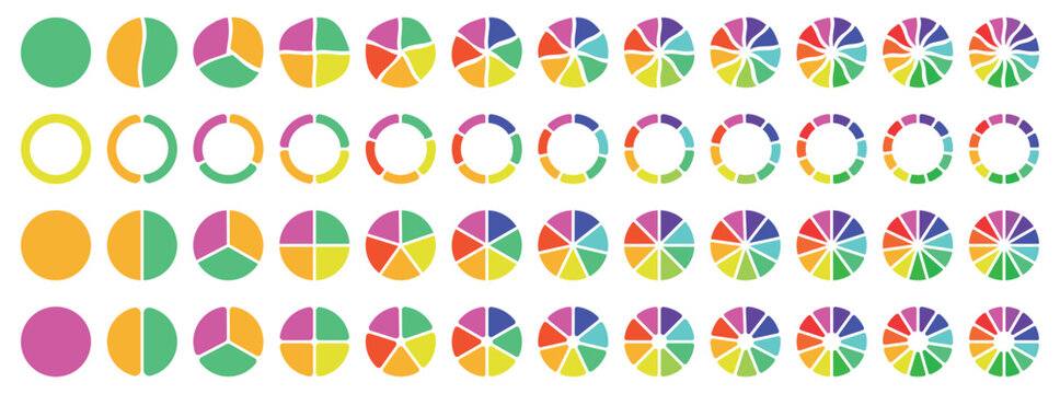 Pie chart set. Colorful diagram collection with sections or steps. 1,2,3,4,56,7,8,9,10,11,12 segment infographic. Circle pie chart diagram. Infographic element round shape. Vector illustration.