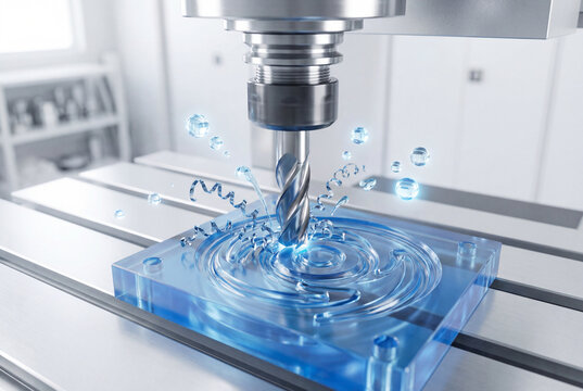 CNC milling machine cutting blue plastic part with metal endmill tool in factory
