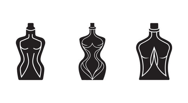 Set of female mannequin torso silhouettes with white outlines on plain white background for fashion design and illustration  various body types