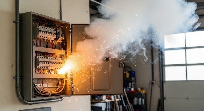 An electrical panel in a garage is sparking and smoking with an open door