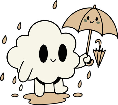 Cute Rain Cloud Character with Umbrella Illustration