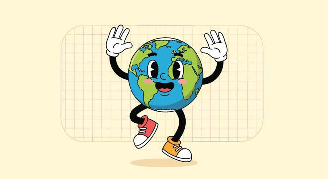 Cute and happy animated earth globe character with a face jumping and dancing in a retro cartoon style for environmental awareness.