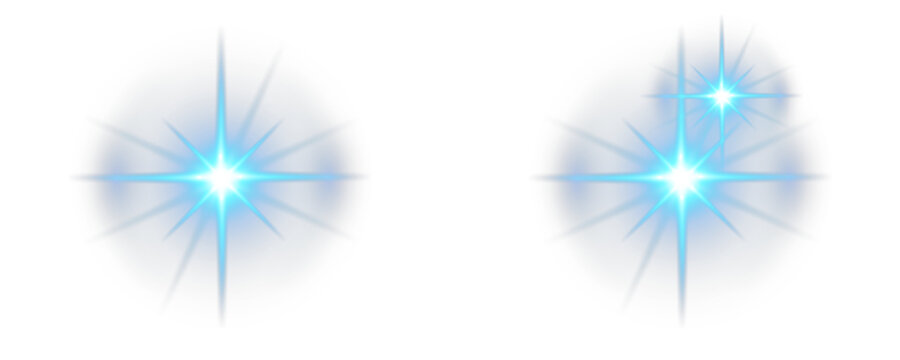 Blue Starburst Lens Flare Light Effects Set with Glow on Transparent Background