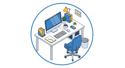 Fototapeta premium Modern workspace with computer monitor and office supplies arranged on a white desk inside a blue circular frame illustration.