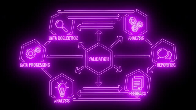 Neon-lit purple flowchart diagram illustrating data validation process on a black background