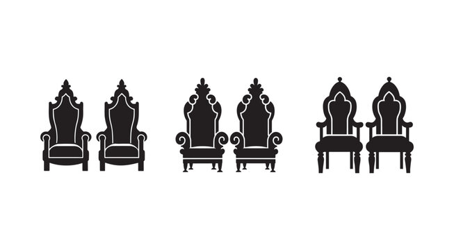 Set of ornate throne chairs in black silhouette on white background for design and decoration purposes  various elegant highbacked seats