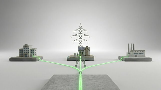 Electric grid connecting hospital home and factory through transmission tower showcasing resilient energy distribution for essential services