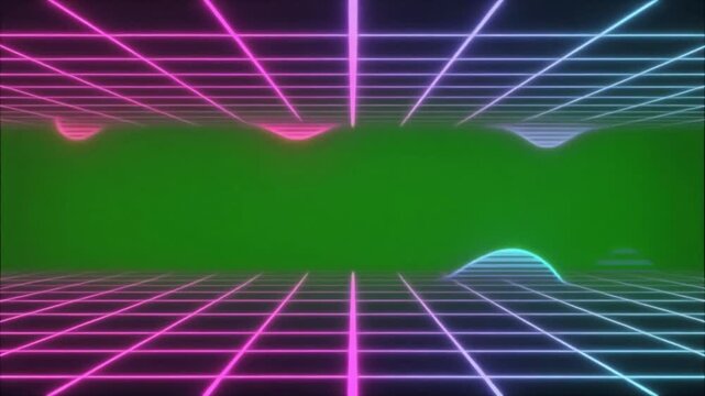 Futuristic Neon Grid Tunnel Green Screen Background Retro Cyberpunk Perspective Loop