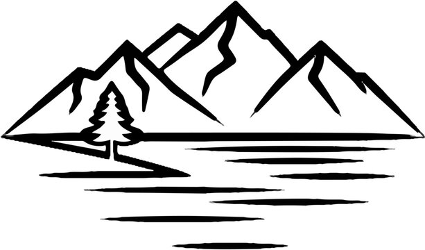 Stylized mountain range with tree and reflecting water