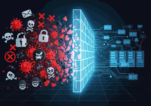Malware symbols crash into a secure server firewall in a dark digital environment with code and circuit boards.
