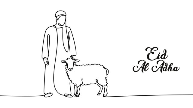 Minimalist Eid Al Adha line art with figure and sheep