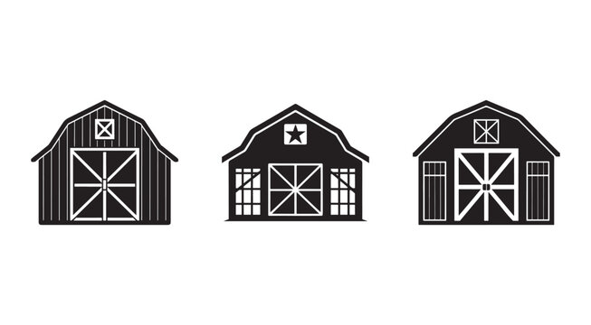 Set of three different black silhouettes of barns with white details on white background  farm buildings