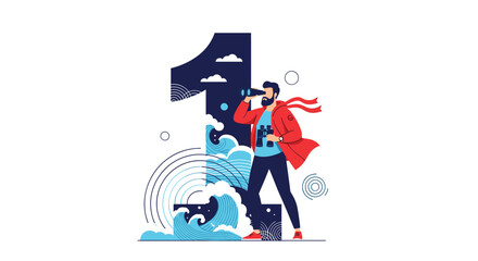 Naklejka premium Man wearing a red jacket using binoculars to look out from a giant number one filled with waves and clouds during his adventure.