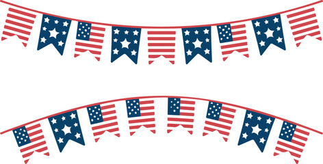 Obraz premium Patriotic American Flag Bunting Banner Vector Set Featuring US Stars And Stripes Pennants For Fourth Of July Independence Day Celebration Decor