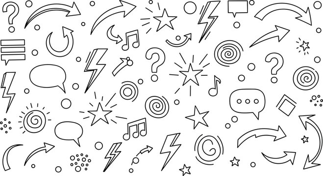 Hand drawn doodle elements set vector illustration featuring arrows speech bubbles lightning stars music notes and abstract symbols