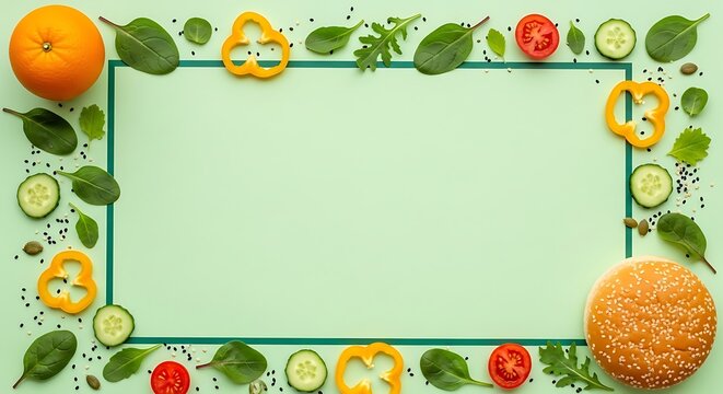 A border of fruits and vegetables around a blank white space