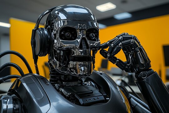 A striking robot skull features a glossy finish and contemplative expression, reflecting on profound mysteries of technology and existence while being set in a modern environment.