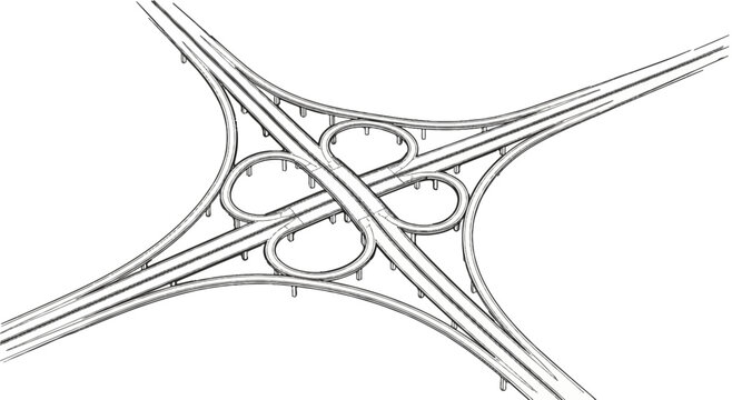 Stylized top-down sketch of a complex highway interchange with cloverleaf ramps
