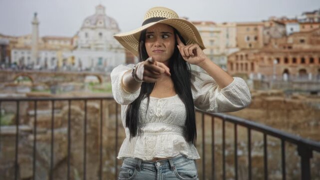 Woman points finger to camera with straw sun hat and bracelets standing by railing in front of ancient building ruins; blame disapproval.