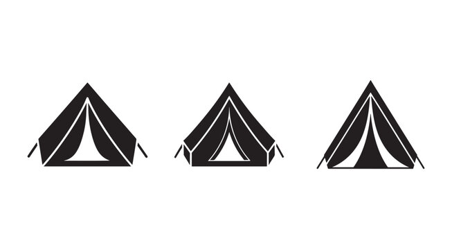 Simple black and white illustrations of three different triangular shaped camping tents with white outlines and details  isolated on white background