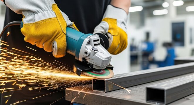 A person wearing protective gloves using an angle grinder to cut through a metal beam in a workshop.