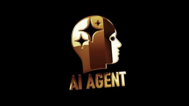 AI agent artificial intelligence golden metal shine symbol concept. Spectacular glowing and reflection light icon abstract 3d animation. Isolated object.