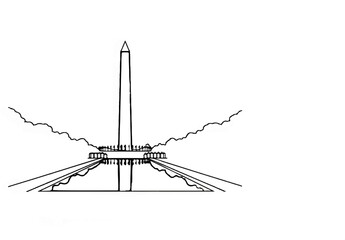Fototapeta premium Tall obelisk monument with symmetrical base, pathways, and stylized clouds