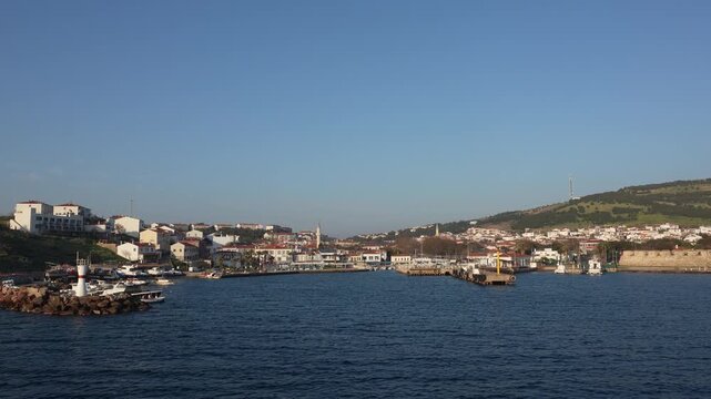 Panoramic View of Bozcaada Island Harbor and Historical Fortress - Coastal Town Landscape of Tenedos on Aegean Sea - Canakkale, Turkey. High quality 4k footage