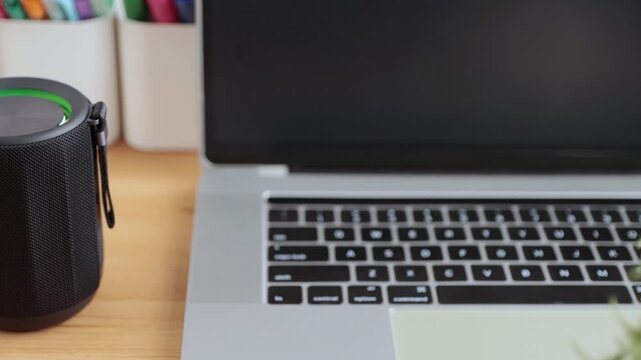 Track Shot Colorful Light Smart Speaker Virtual Assistant or Artificial Intelligence Concept