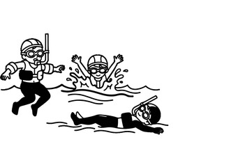 Fototapeta premium Three cartoon characters enjoying water activities like swimming and snorkeling