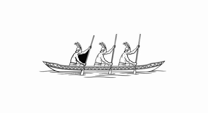 Three figures in traditional attire paddle a narrow boat