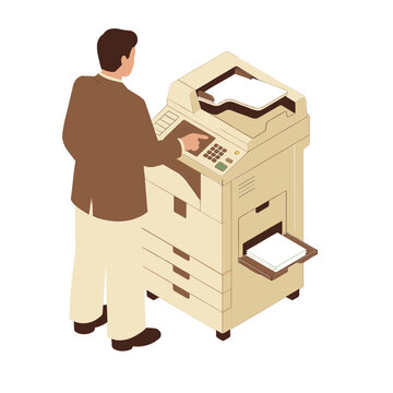 Man operating large office copier machine with paper tray open indoors