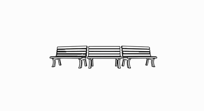 Three outdoor benches lined up on a white background, simple line drawing