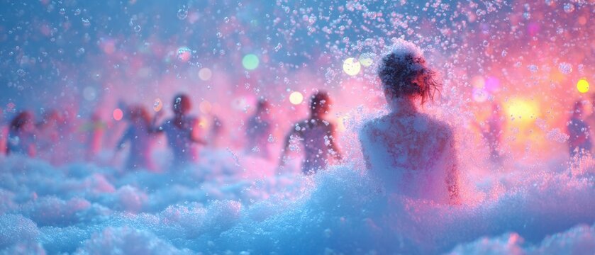 Vacation foam pool party with bubbles and lively summer celebration
