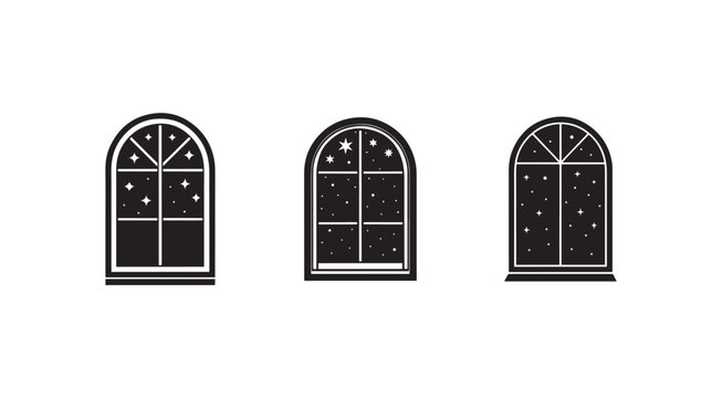 Three arched windows with starry night sky view  illustration of black windows with white stars and moon  different shapes and sizes  architectural elements